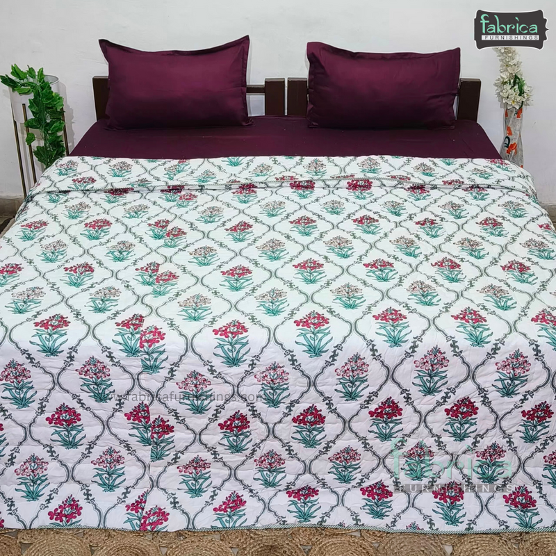 HANDBLOCK PRINTED DOUBLE BED  PURE COTTON REVERSIBLE QUILTS