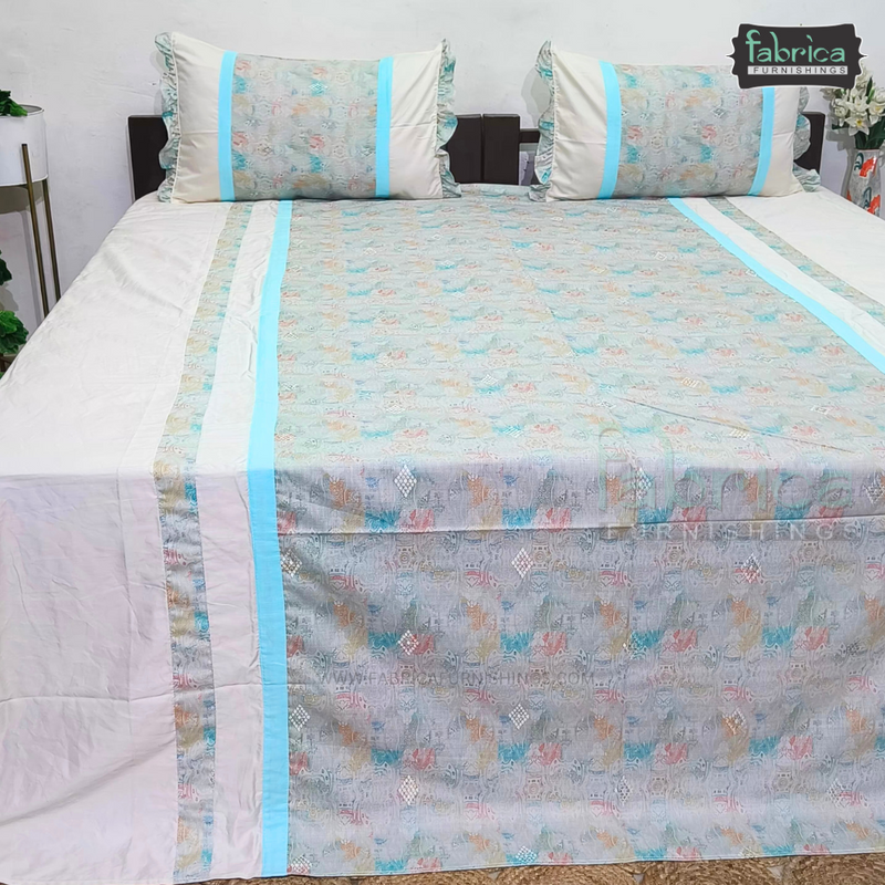 Decor Designer Pure Cotton Mix & Match King Size Emroidered  Bedsheet With Frill Pillow Covers