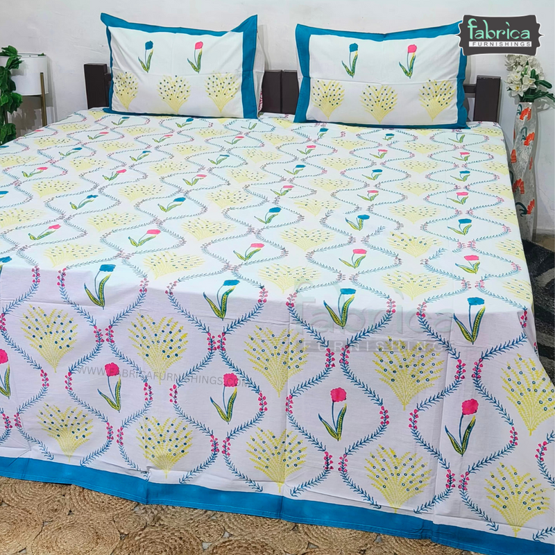 Percale Cotton Hand block Printed Super King-size Bedsheet