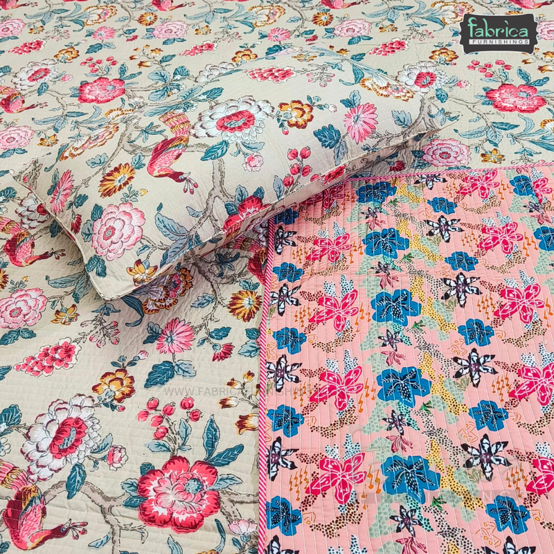 Anokhi Prints Pure Cotton Quilted Double Bed Reversible Bedcover