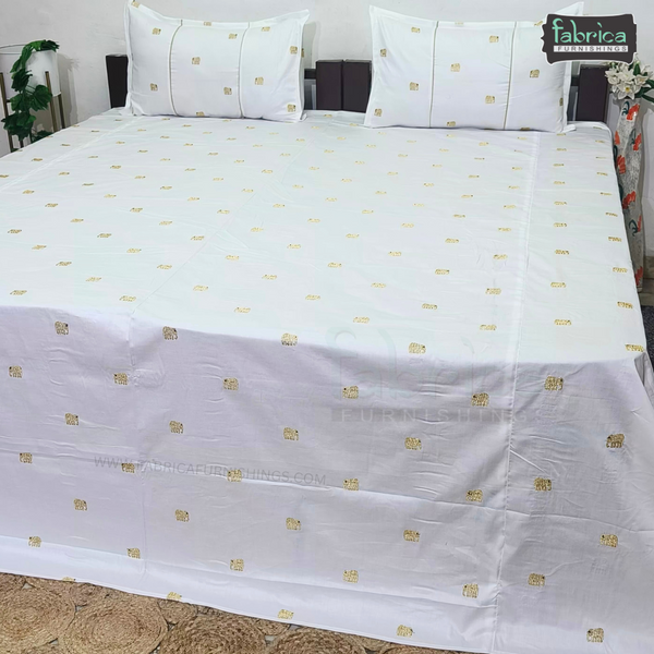 Elephant Motif Foil Work Embroidered King Size Bedsheet