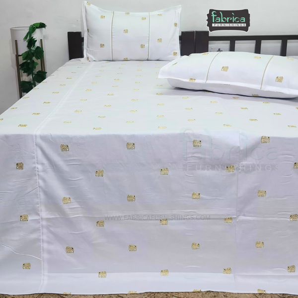 Elephant Motif Foil Work Embroidered King Size Bedsheet