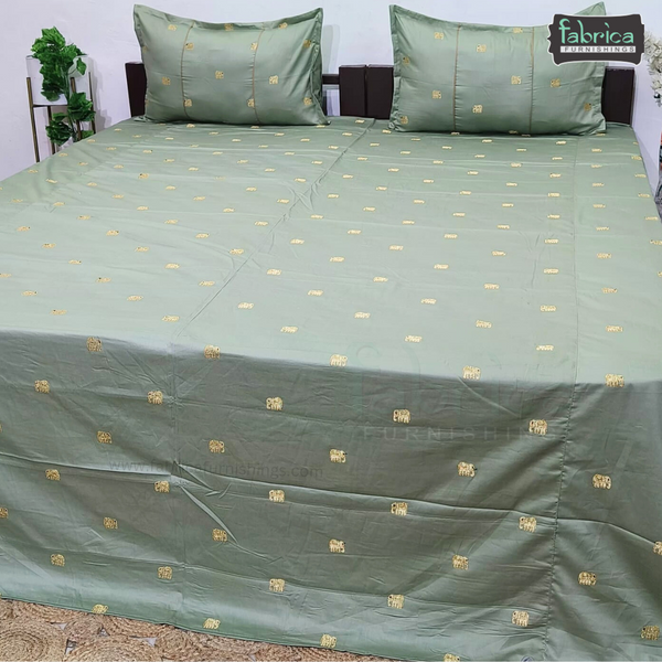 Elephant Motif Foil Work Embroidered King Size Bedsheet