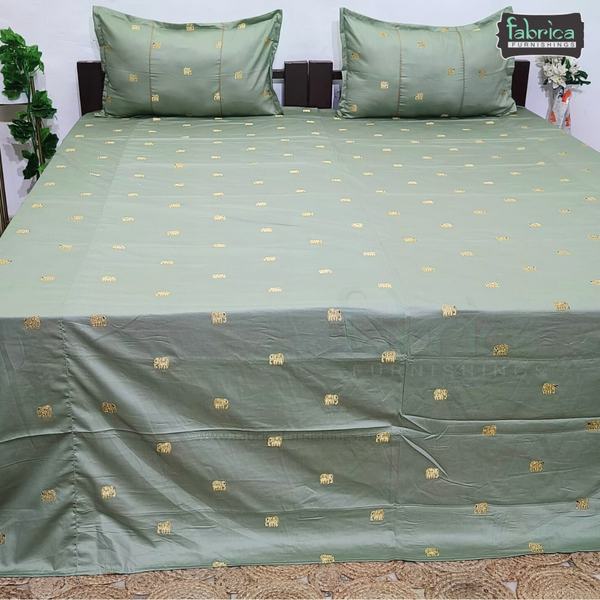 Elephant Motif Foil Work Embroidered King Size Bedsheet