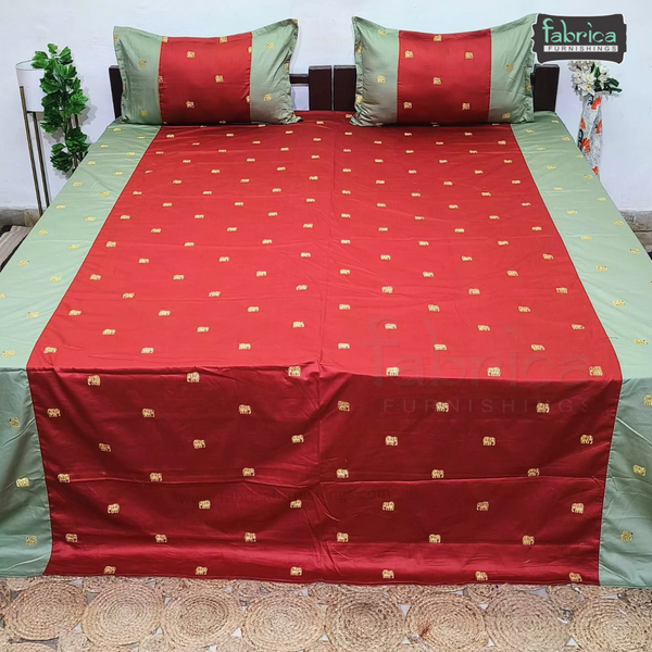 Elephant Motif Foil Work Embroidered King Size Bedsheet