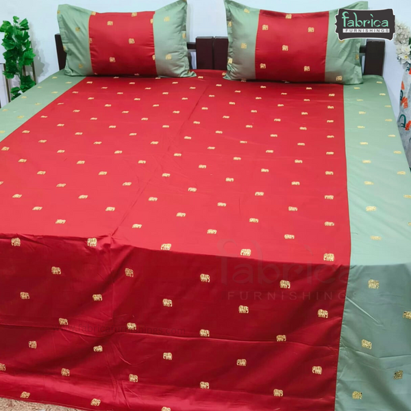 Elephant Motif Foil Work Embroidered King Size Bedsheet