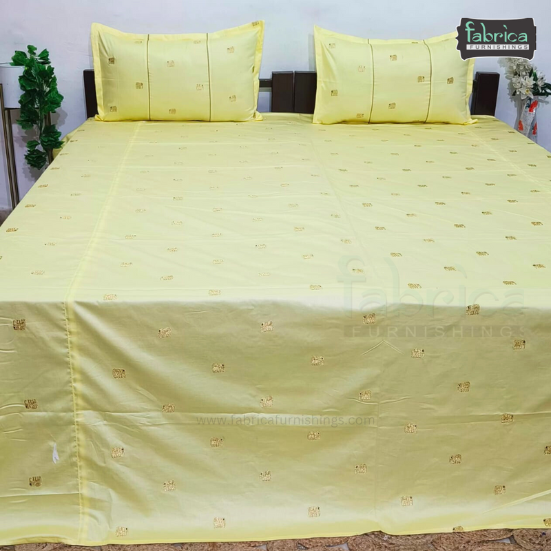 Elephant Motif Foil Work Embroidered King Size Bedsheet