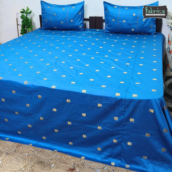 Elephant Motif Foil Work Embroidered King Size Bedsheet