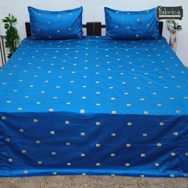 Elephant Motif Foil Work Embroidered King Size Bedsheet