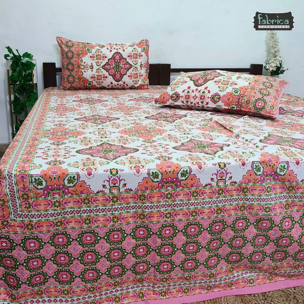 Sitara Handblock Designer Print Premium Cotton Kingsize Bed Sheets