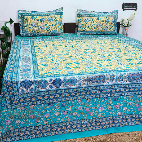 Sitara Handblock Designer Print Premium Cotton Kingsize Bed Sheets