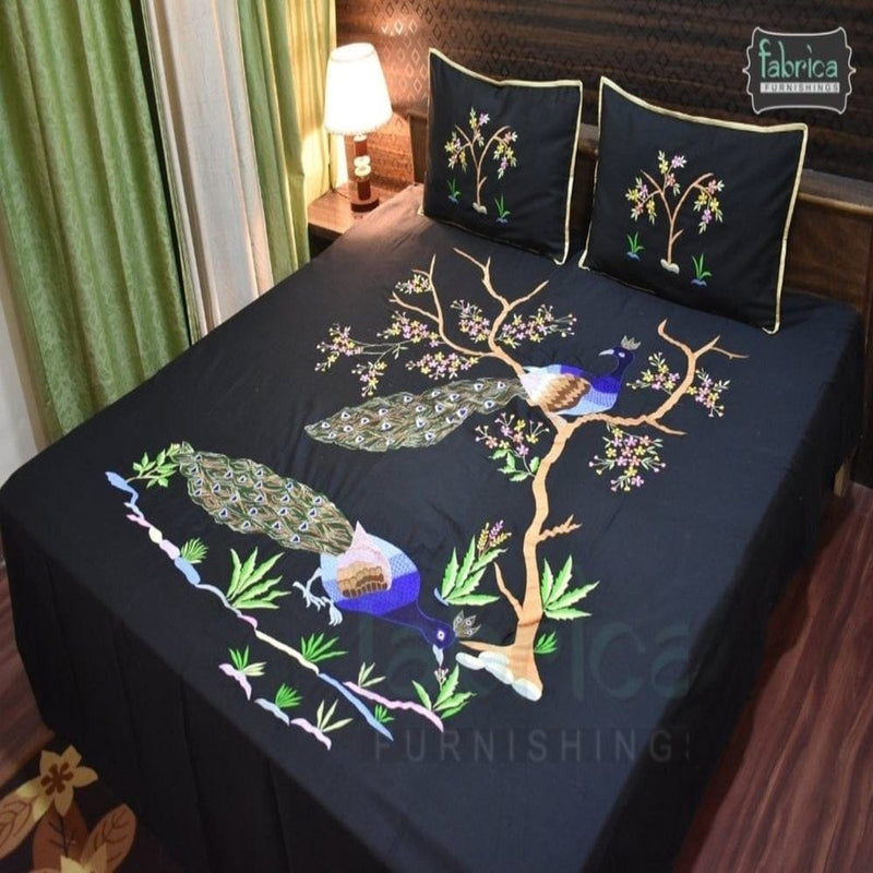 Designer Embroidered Black Peacock Pure Cotton King Size Bed Sheets